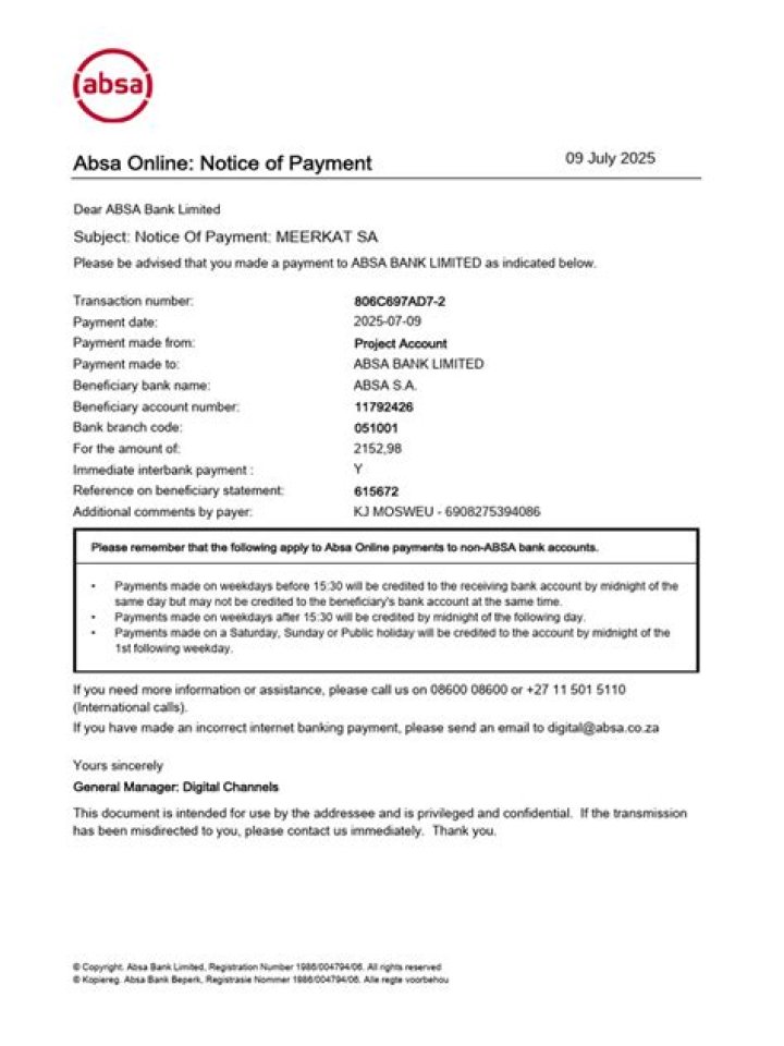How do I get proof of my bank details Absa?