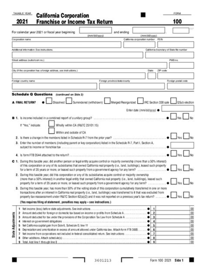 What is the California corporation tax form 100?